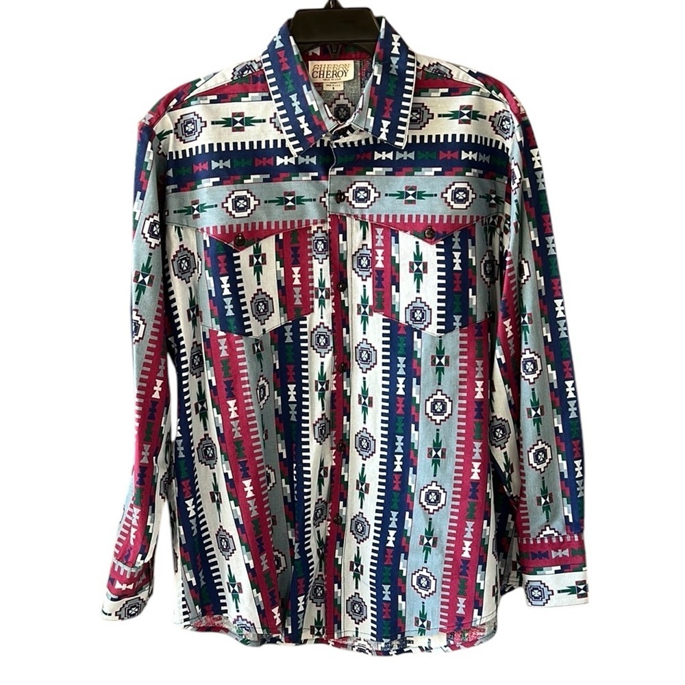 Vintage Cheroy 100% Cotton Aztec Print Long Sleeve Western Button Down Shirt